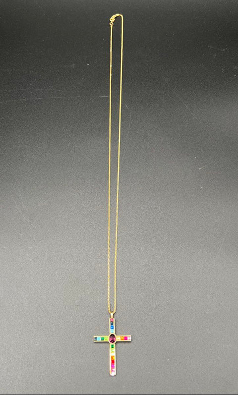 Vintage PSCO 1998 Gold Tone Rainbow Rhinestone Cross Pendant Necklace Signed