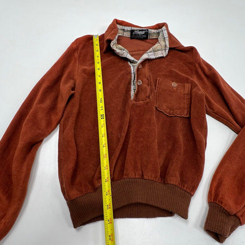 Vintage 70s EasyAces Velour Terry Cloth Pullover Shirt Plaid Collar USA Sz S