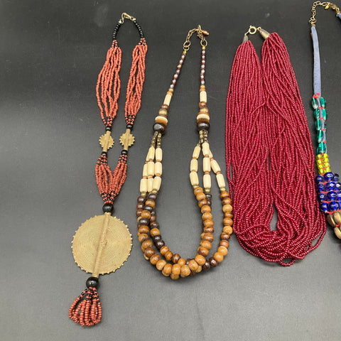 Bohemian Costume Jewelry Lot of 6 Necklaces Multi-Strand Seed Bead Glass Wood