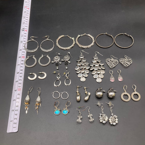 Fashion Earring Lot 20 Pairs Silver Tone Hoops Dangles Chandeliers Drops