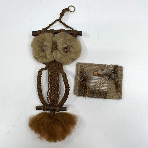 Vintage 1970s Macrame Owl & Woven Fiber Art Wall Hanging Lot Jute Feathers