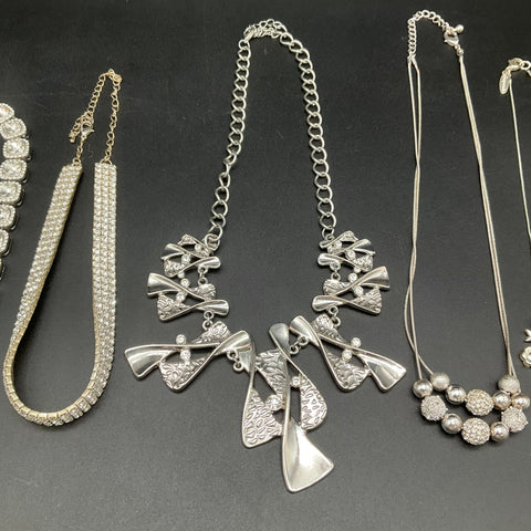 Vintage to Modern Costume Jewelry Lot 7 Silver Tone Rhinestone Necklaces