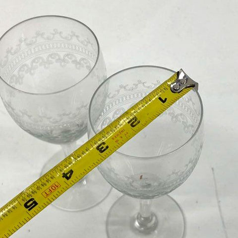 Vintage Needle Etched Scroll Band Wine Glasses Water Goblets Set of 2