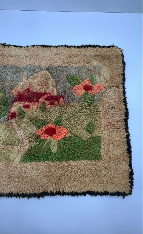 Vintage Hand Hooked Rug Wall Hanging Folk Art Landscape Cottage House Sun