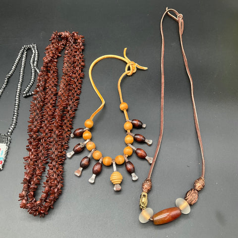 Southwestern Boho Beaded & Seed Necklace Jewelry Lot of 7 Shell Wood Stone