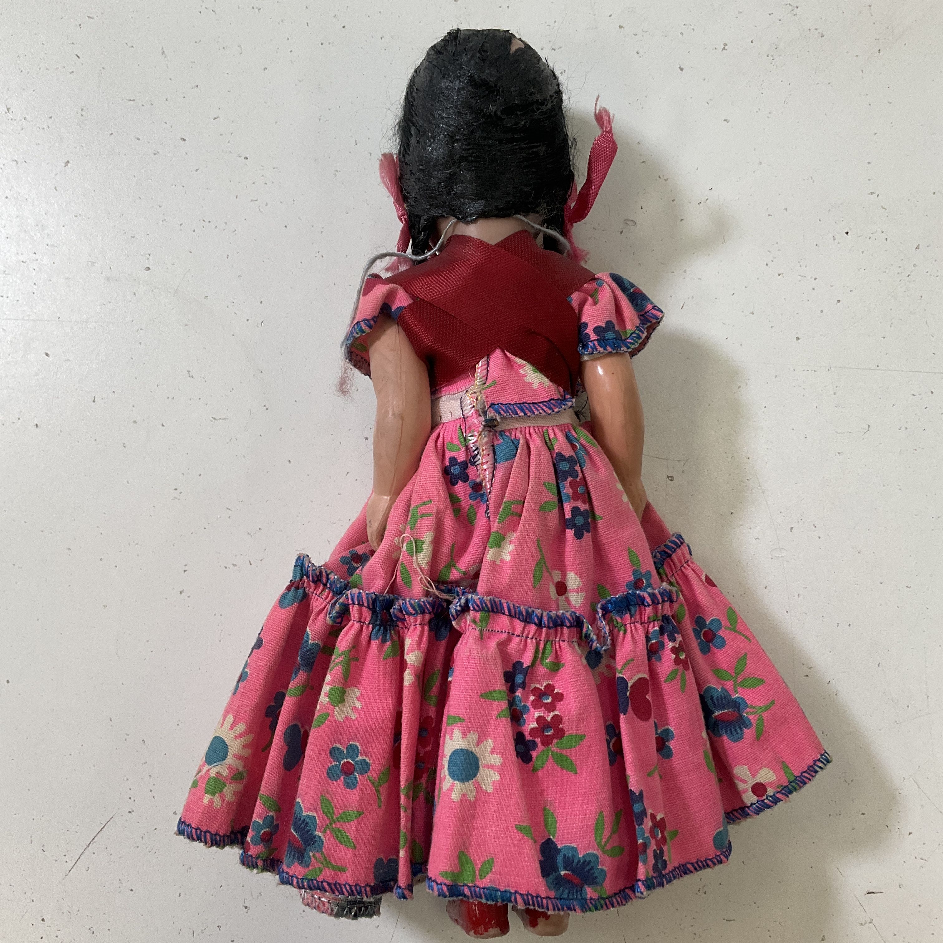 Vintage 1940s/50s Era Mexico Souvenir Girl Doll Pink Dress Ribbons