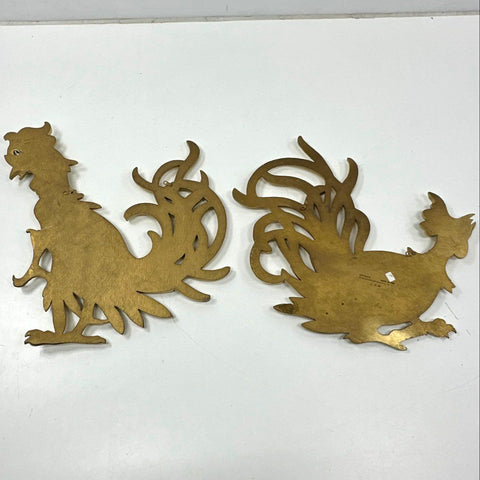Vintage Syroco Wood Rooster Chicken Wall Plaques Pair Gold Tone Mid Century 1956