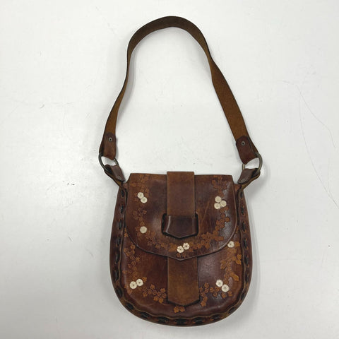 Vintage 70s Brown Tooled Leather Floral Hippie Shoulder Bag Boho Handmade