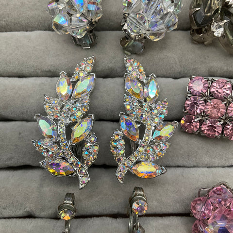 Vintage Sparkly Rhinestone AB Crystal Clip On Earrings Lot 6 Pairs Floral Leaf