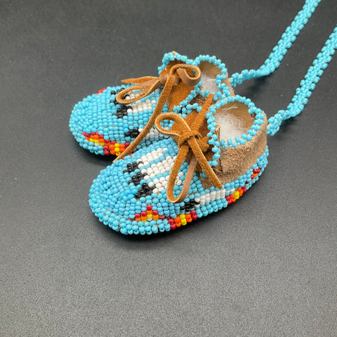 Vintage Miniature Beaded Moccasin Necklace Suede Bootie Turquoise Blue 17"
