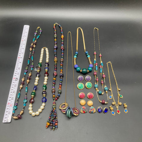 Vintage 1980s Jewel Tones Gold Tone Jewelry Lot 14pc Necklaces Earrings Lucite