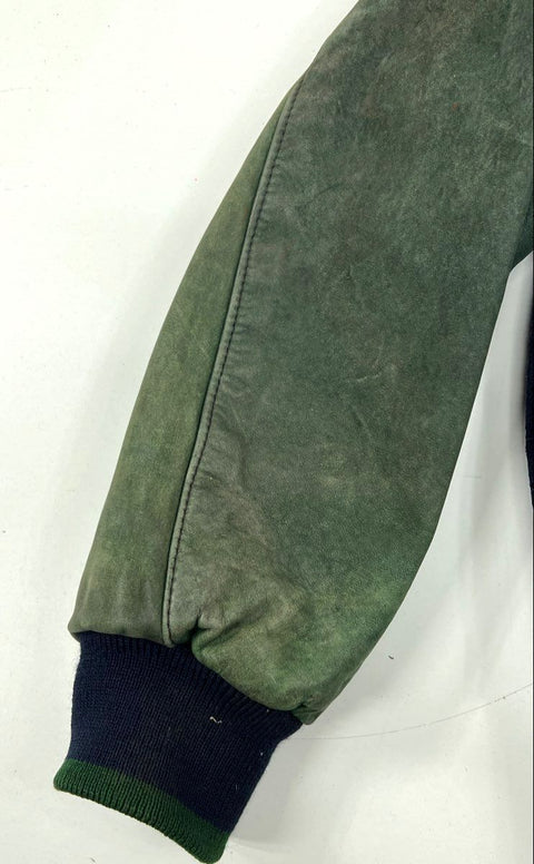 Vintage 90s Dehen Men's Blue Wool Leather Sleeve Varsity Jacket XL Embroidered