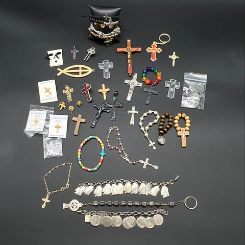 Religious Jewelry Lot Catholic Christian Crosses Rosaries Charm Bracelets Pins