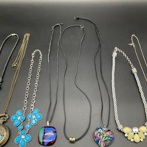 Fashion Jewelry Lot 9 Necklaces Glass Heart Turtle Pocket Watch Pendant Charm