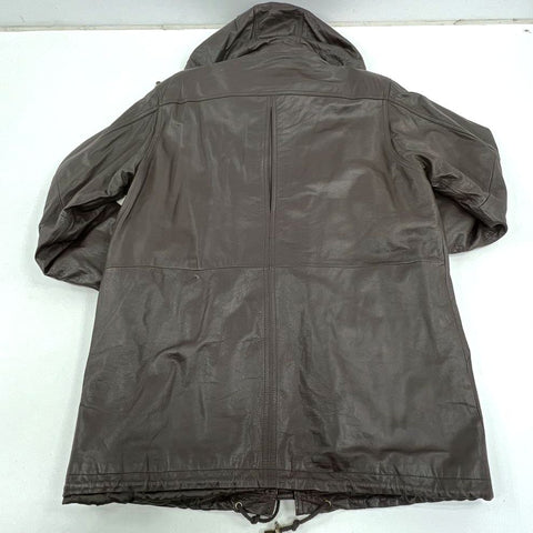 Vintage 90s Jacqeline Ferrari Brown Genuine Leather Hooded Parka Jacket Men's L