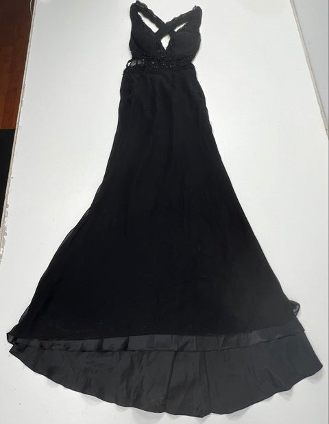 Vintage Y2K Niki Livas Women's Black Beaded Lace Cut-Out Formal Gown Dress