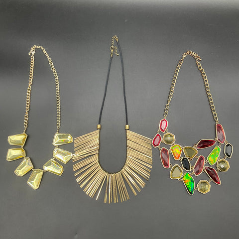 Vintage Style Statement Necklace Lot of 3 Gold Tone Bib Fringe Faux Gemstones