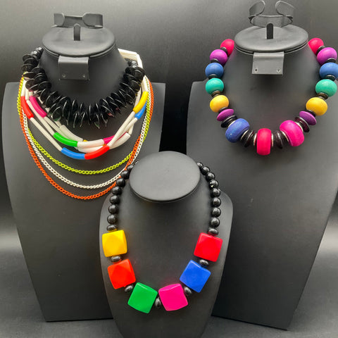 Vintage Kidcore Costume Jewelry Lot 5 Chunky Beaded Enamel Chain Necklaces
