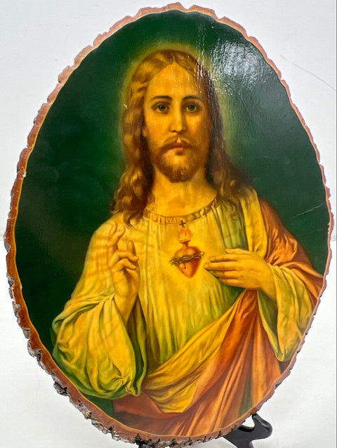 Vintage RLA Sacred Heart of Jesus Wood Slice Plaque Decoupage Religious Wall Art