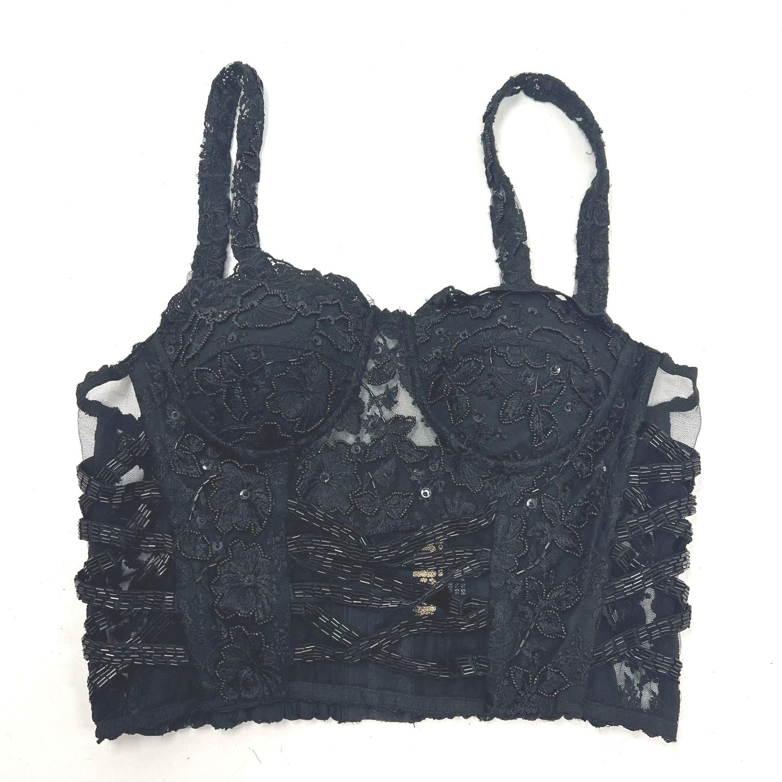 Vintage Match-Ups Natco Black Beaded Bustier Corset Top Sequin Lace Sz L