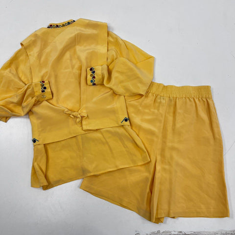 Vintage 80s Adam Douglass Adrianna Papell Silk 3 Pc Shorts Vest Blouse Set