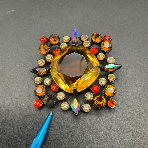 Vintage Japanned Metal Rhinestone Brooch Amber Orange AB Marquise 2.5-Inch