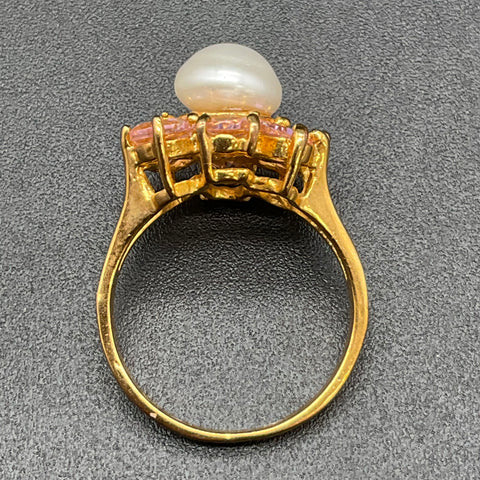 18K Gold Plated Pearl & Pink Faceted Stone Ring & Earrings Set Size 8