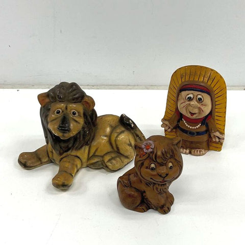Vintage Ceramic Lion Figurines & Wall Plaque Lot of 3 Hand Painted 1970s
