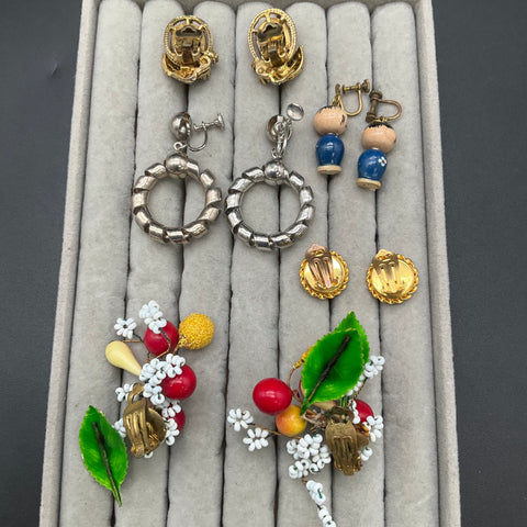 Vintage Costume Jewelry Lot 5 Pairs Micro Mosaic West Germany Fruit Kokeshi