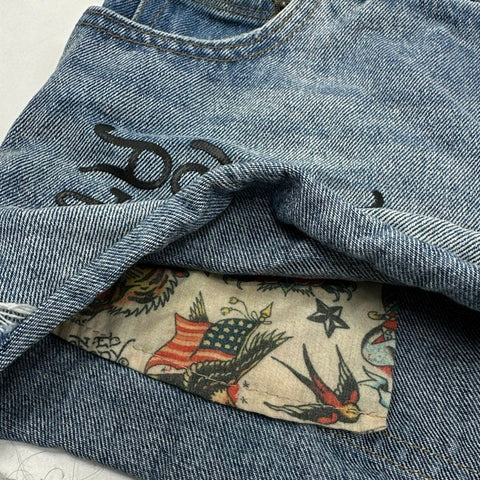 Vintage Y2K Ed Hardy Women's Blue Denim Cut Off Shorts Born Free Swallow Sz L
