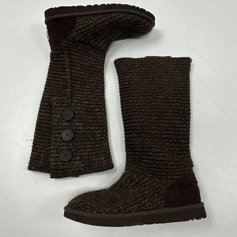 Ugg Lattice Cardy Chocolate Brown Crochet Knit Tall Button Boots Women's Size 9
