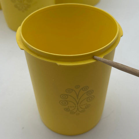 Tupperware Yellow Canister Set 7pc Vintage Floral Scroll Design Sunburst Lids