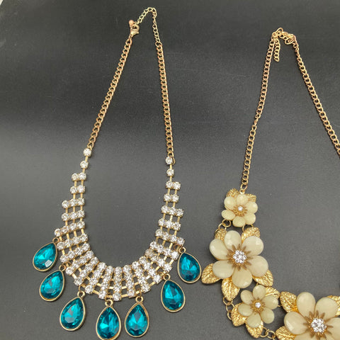 Statement Fashion Necklace Jewelry Lot 7pc Floral Faux Pearl Teal Stone Gold