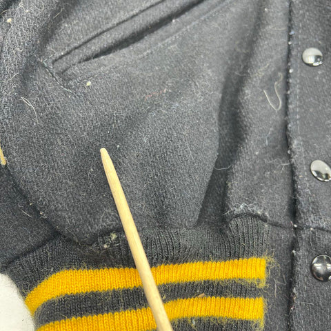 Vintage 80s Delong Wool Letterman Varsity Jacket Hooded Black Yellow '83 Sz 34