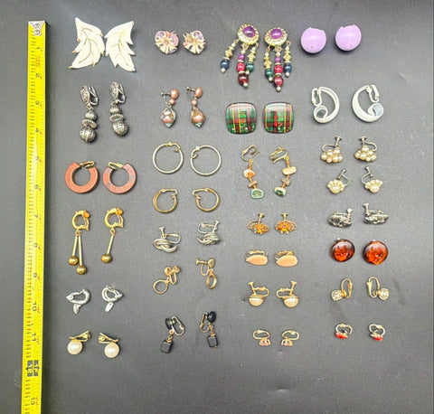Vintage Costume Clip On Earrings Lot of 28 Pairs Faux Pearl Enamel Rhinestone