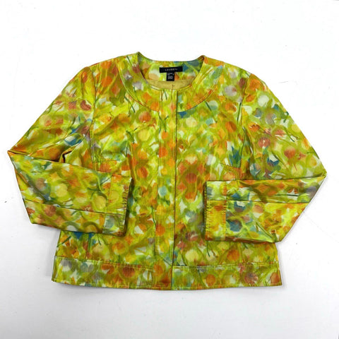 Louben Women's Green Floral Impressionist Round Neck Jacket Sz 12