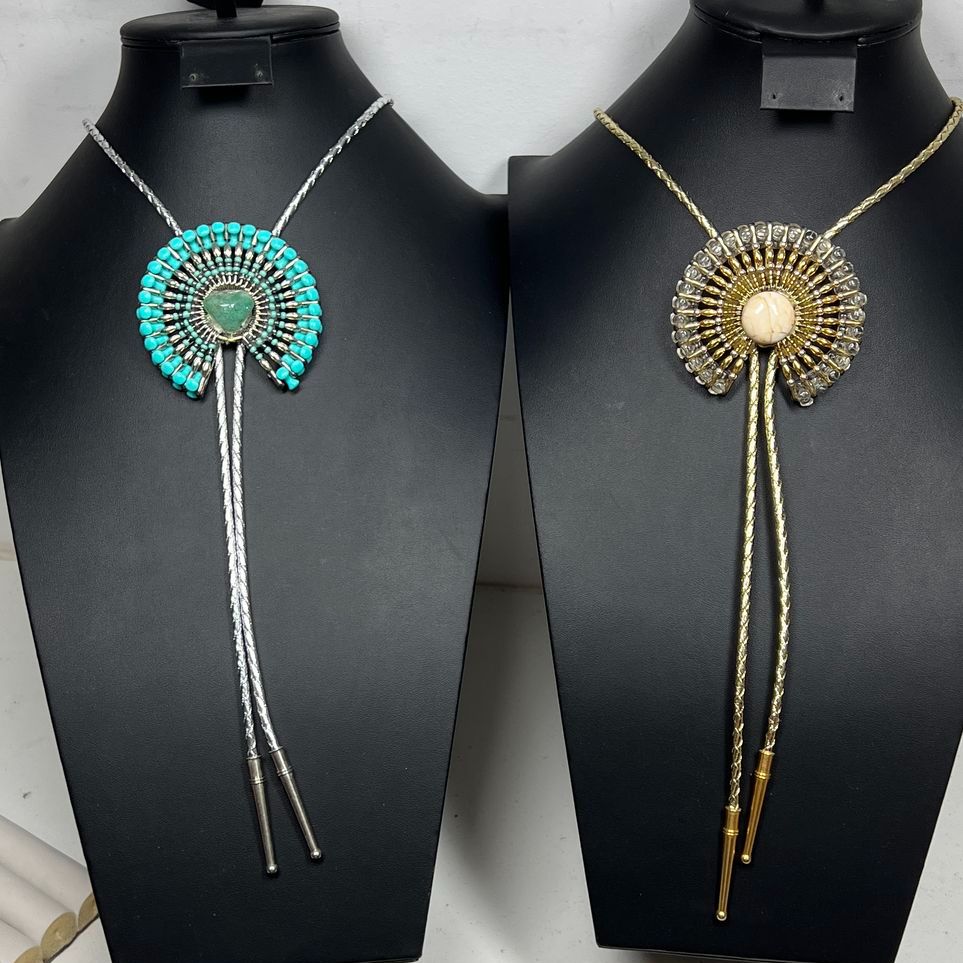 2 Ornate Safety Pin Beaded art Bolo Ties