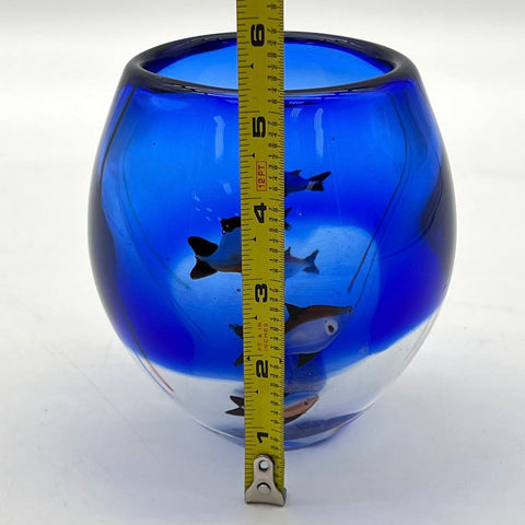 Art Glass Bowl Encased Fish Design Cobalt Blue Cased Glass 6 Inch Vintage