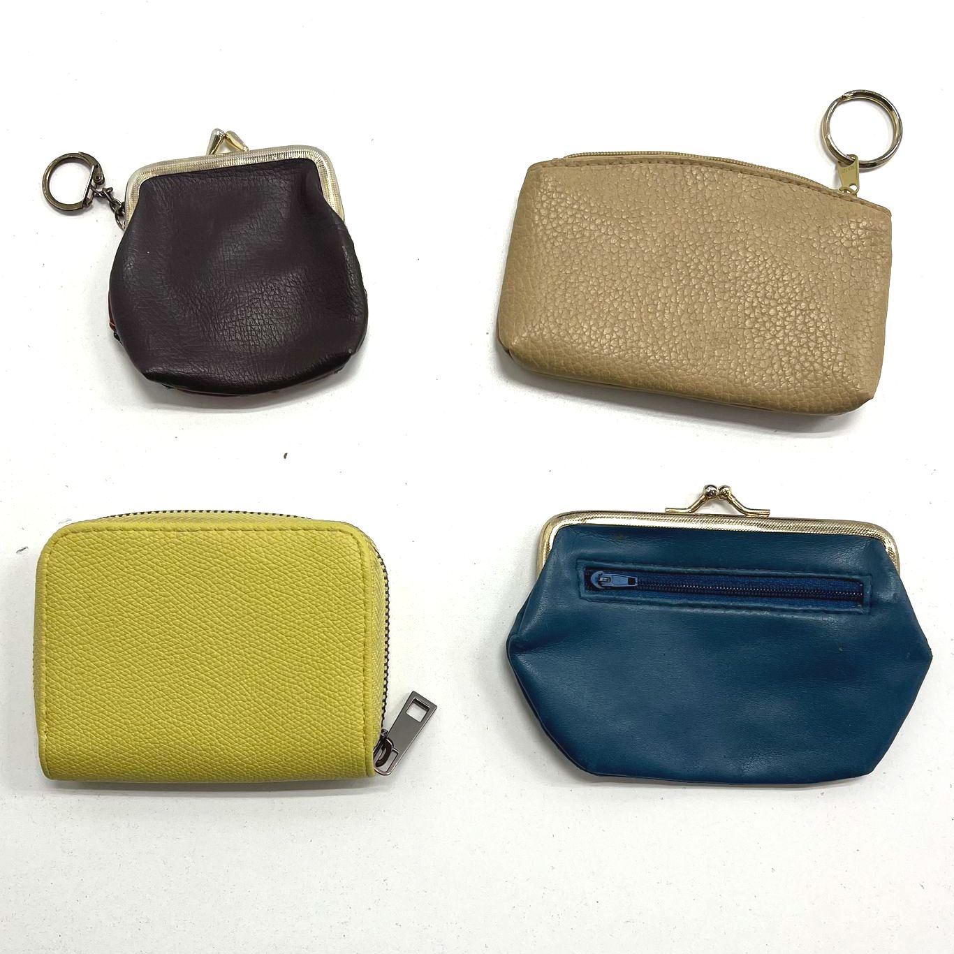 Lot of 4 Coin Purses Yellow Blue Brown Patchwork Keyring Zipper and Clasps