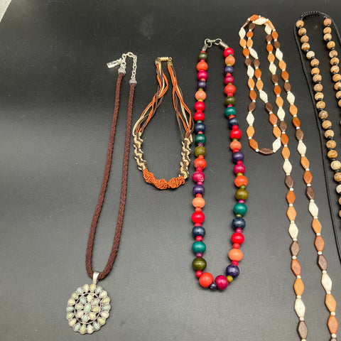 Mixed Boho Costume Jewelry Lot 10 Necklaces Beaded Wood Shell Tassel Boho Style