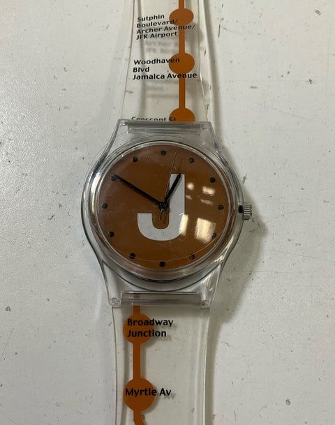 Vintage NYC Subway J Train Unisex Wristwatch Clear Plastic Band Orange Untested