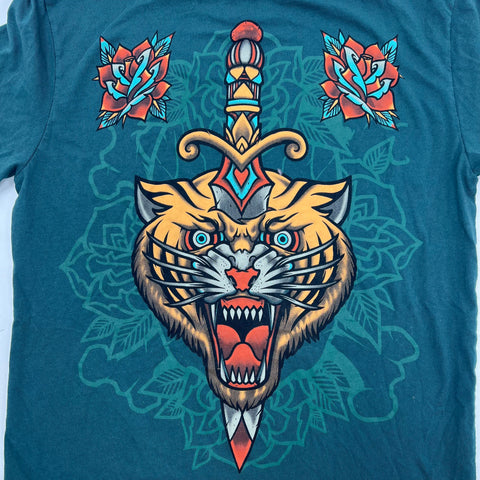 Affliction Dragon Skull Tiger Dagger Graphic T-Shirt Womens Sz M