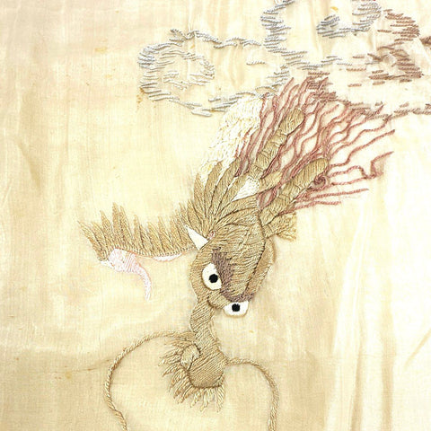 Antique Chinese Hand Embroidered Silk Panel Dragon Clouds Qing Dynasty Style