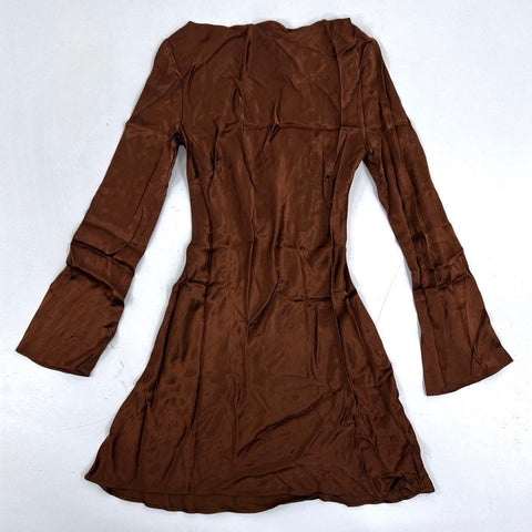 Anthropologie Women's Brown Satin Long Bell Sleeve Back Tie Mini Dress NWT Sz XS
