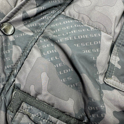 Diesel Kids Black Gray Camo Puffer Coat Faux Fur Hood Parka Sz M 10/12