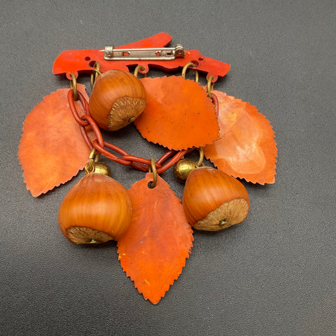 Vintage Fall Autumn Dangle Brooch Pin Orange Plastic Leaves Real Hazelnuts