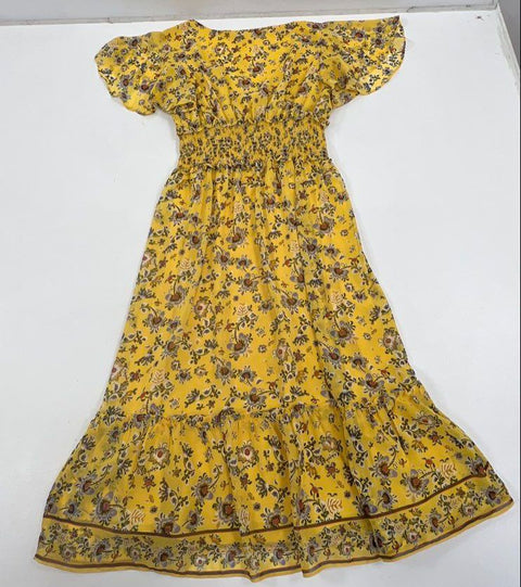 Max Studio Yellow Floral Flutter Sleeve Smocked Midi Dress Women's M NWT