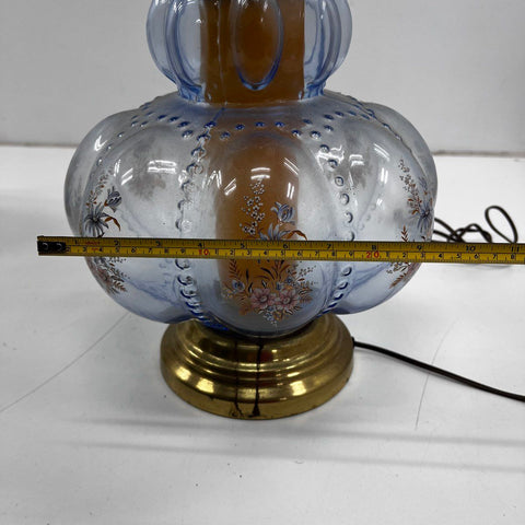 Carl Falkenstein Blue Glass Floral Table Lamp Brass Base Vintage Works