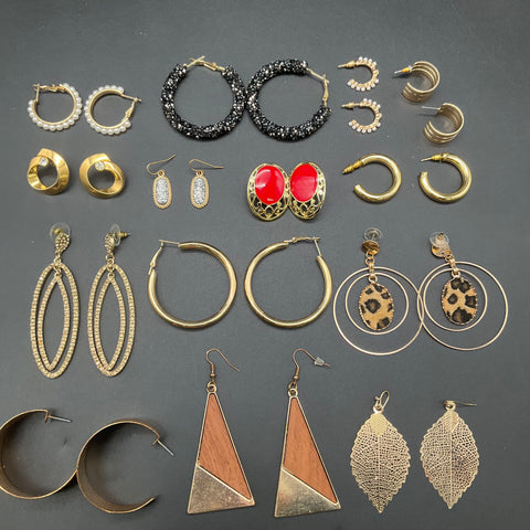 Gold Tone Fashion Earrings Jewelry Lot of 20 Pairs Hoops Drops Geometric