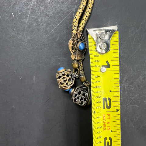 Vintage Art Nouveau Style Brass Tone Blue Stone Filigree Lariat Necklace